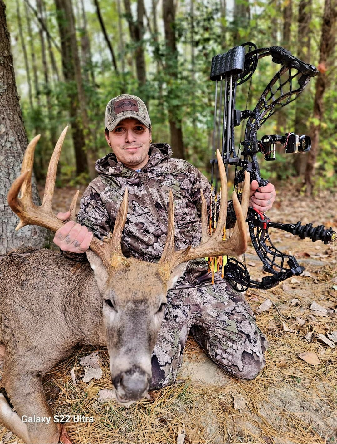 Man with Trophy Whitetail Buck using Top 2024 Scrape Juice Bowhunter's Fatal Obsession Deer Lure and deer attractant 2024