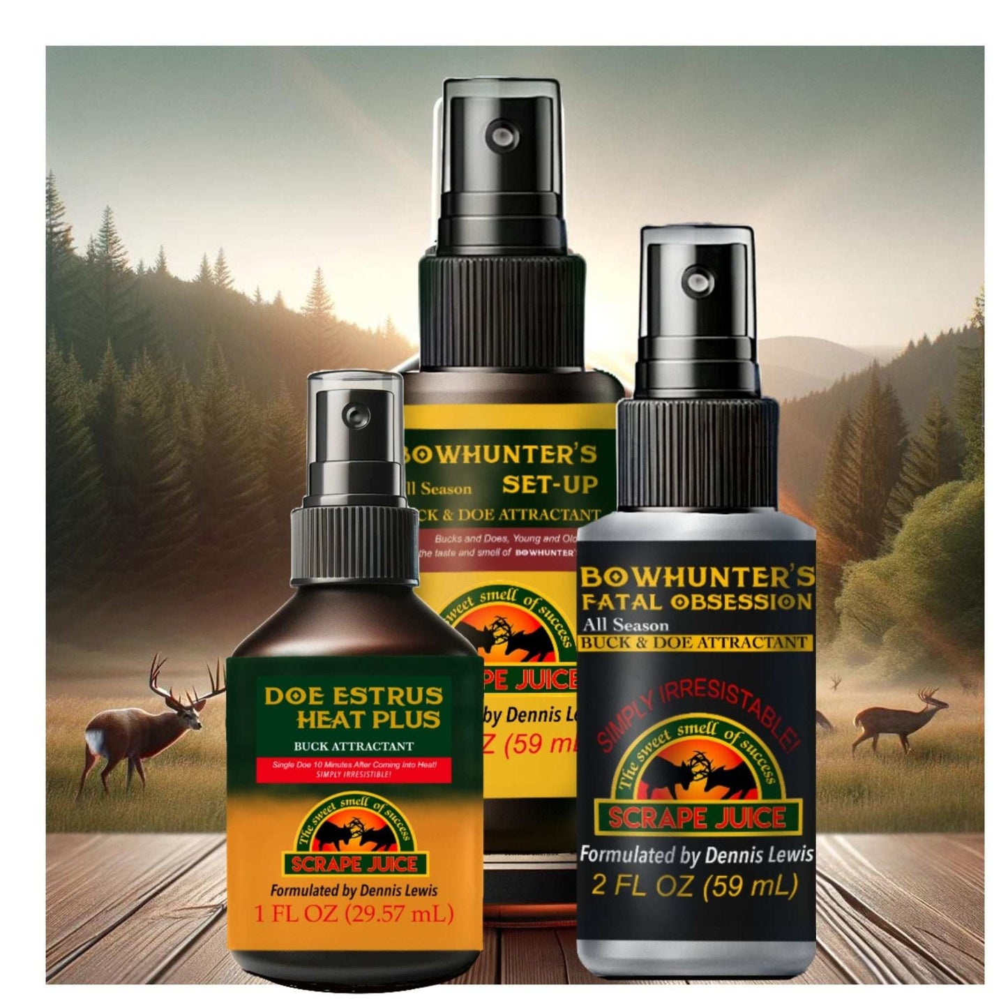 Front-facing product photo of Doe Estrus Heat Plus, Bowhunter's Set-Up, and Bowhunter's Fatal Obsession - Top all-natural deer lures using tarsal glands for maximum hunting success - This image showcases three premier deer attractants: Doe Estrus Heat Plus, Bowhunter's Set-Up, and Bowhunter's Fatal Obsession. Each product is made with natural tarsal glands, ensuring effective deer attraction and enhancing hunting success for all hunters.