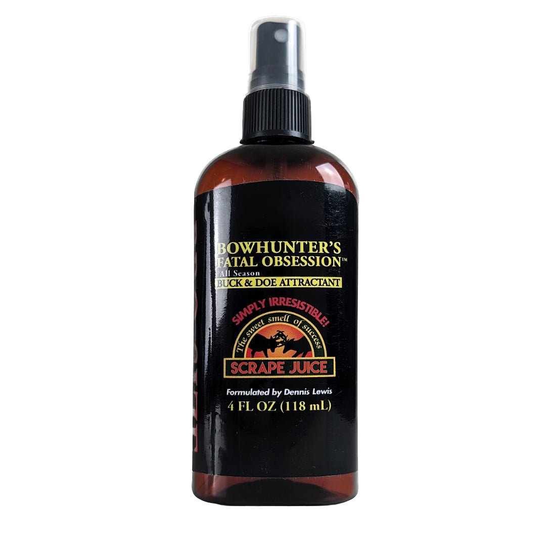 Bowhunter's Fatal Obsession Deer Lure / Deer Scrape4 FL OZ Front View Without Product Card Image Of Whitetail Buck Smelling Scrape Juice Bottle In Tree. Strong pure natural deer attractant