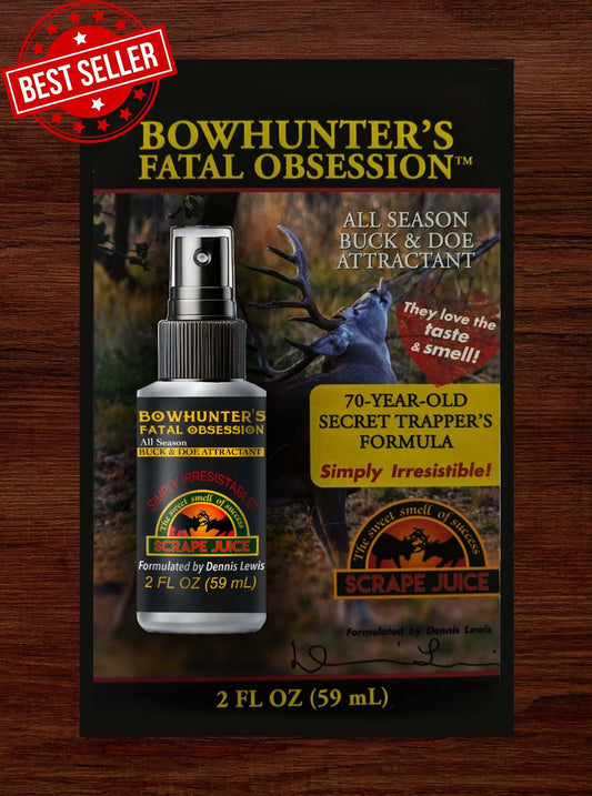 Bowhunter's Fatal Obsession Deer Lure / Deer Scrape 2 FL OZ Front View With Product Card Image Of Whitetail Buck Smelling Scrape Juice Bottle In Tree