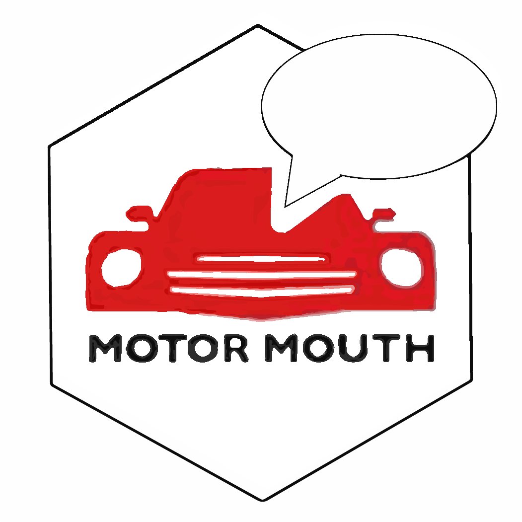 Motor Mouth logo with a red car and a speech bubble above it inside a hexagon. The text 'Motor Mouth' appears below the car in bold letters.