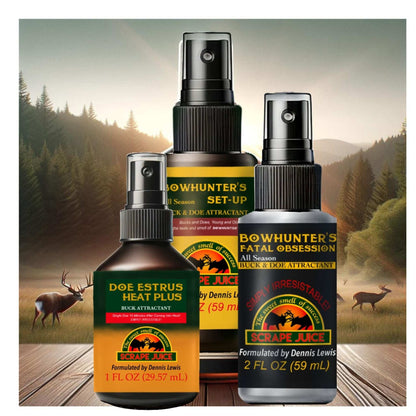 Front-facing product photo of Doe Estrus Heat Plus, Bowhunter's Set-Up, and Bowhunter's Fatal Obsession - Top all-natural deer lures using tarsal glands for maximum hunting success - This image showcases three premier deer attractants: Doe Estrus Heat Plus, Bowhunter's Set-Up, and Bowhunter's Fatal Obsession. Each product is made with natural tarsal glands, ensuring effective deer attraction and enhancing hunting success for all hunters.