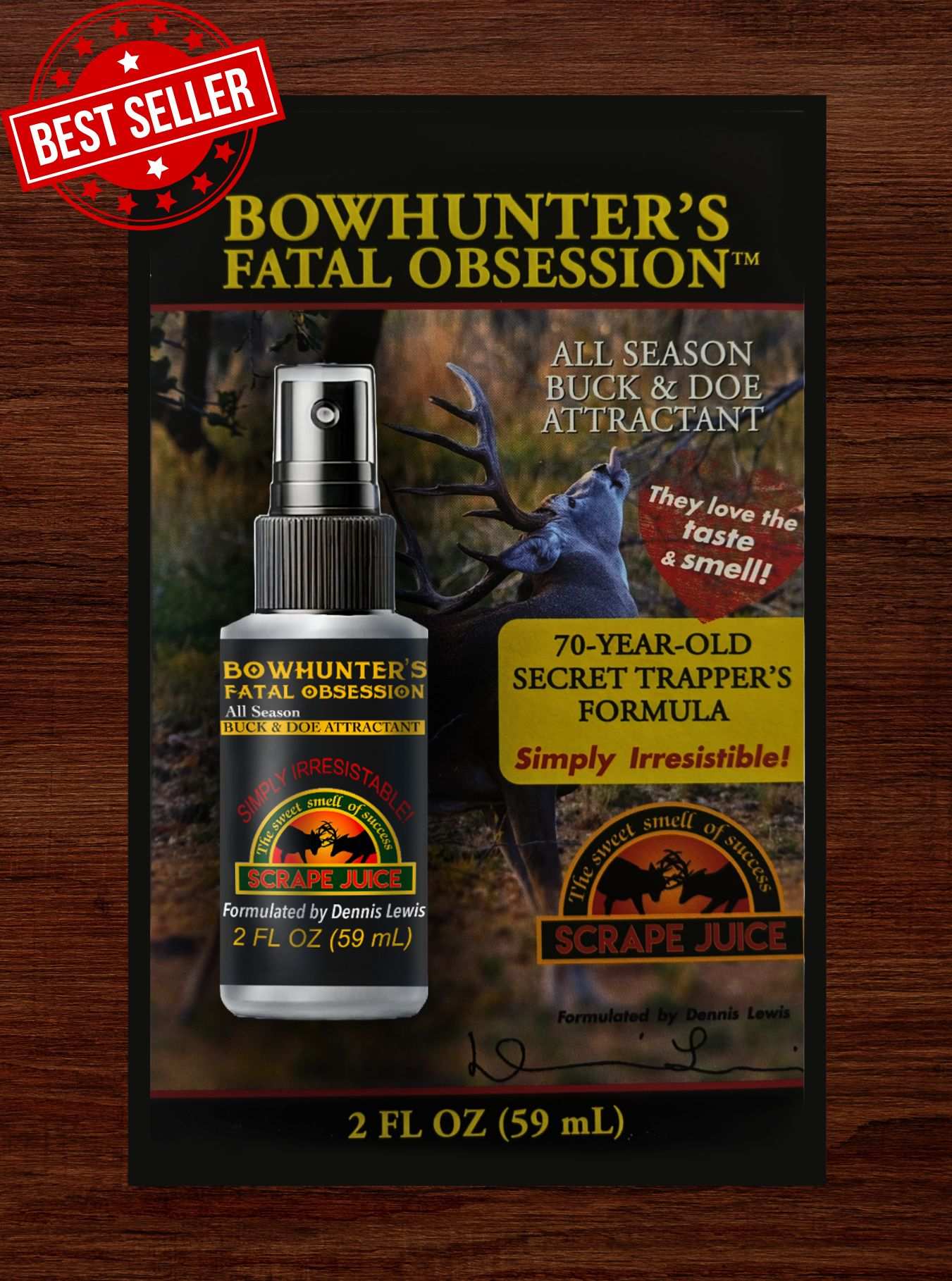 Bowhunter's Fatal Obsession Deer Lure / Deer Scrape 2 FL OZ Front View With Product Card Image Of Whitetail Buck Smelling Scrape Juice Bottle In Tree