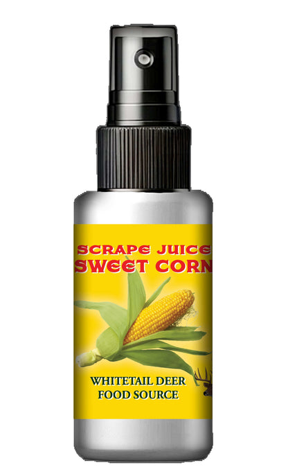 Sweet Corn scent for hunting - Effective all-natural food scent by Scrape Juice - This image highlights Sweet Corn scent, an all-natural food scent by Scrape Juice, used to attract deer and other wildlife. Perfect for hunters looking to lure game with natural scents.